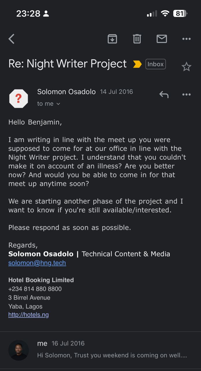 Solomon Osadolo and Benjamin Email exchange