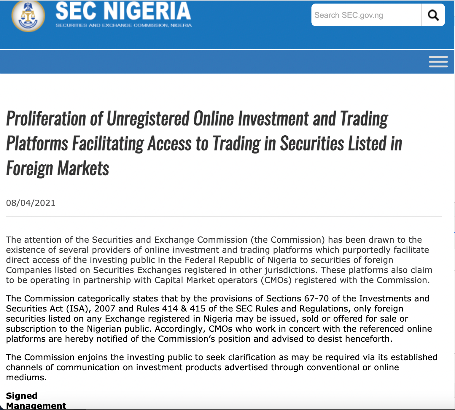 Nigeria's SEC circular to investment platforms on April 8, 2021