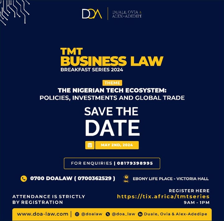 Register for the 2024 TMT Business Law Breakfast Series 2024 organized by Duale, Ovia and Alex-Adedipe